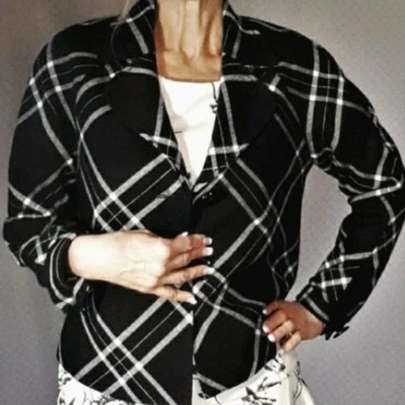 WOOL Career Jacket Black White French Styled Boxy Short Blazer Geometric Sz 8 - Picture 3 of 17